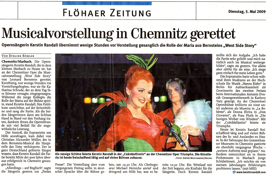 Kerstin Randall springt ein als Maria West Side Story in Chemnitz